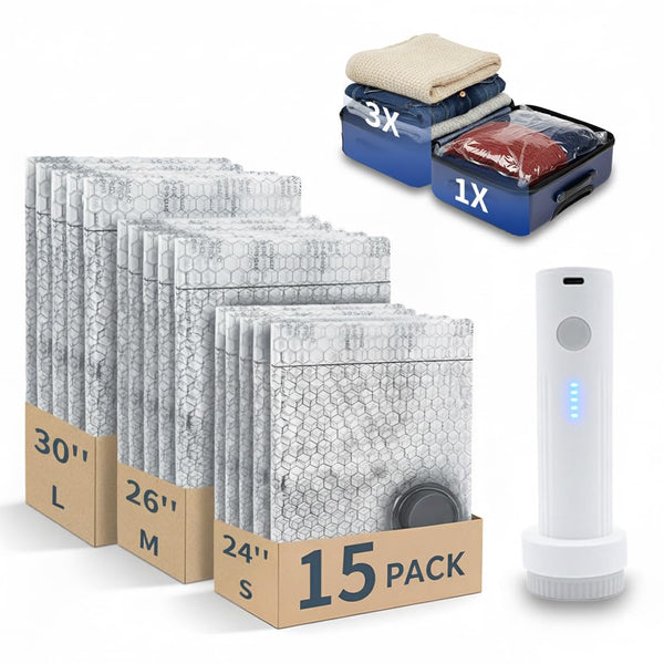 15PCS Vacuum Storage Bags for Travel with Portable USB Pump